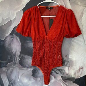 Rust Red Mesh Puff Sleeve Bodysuit